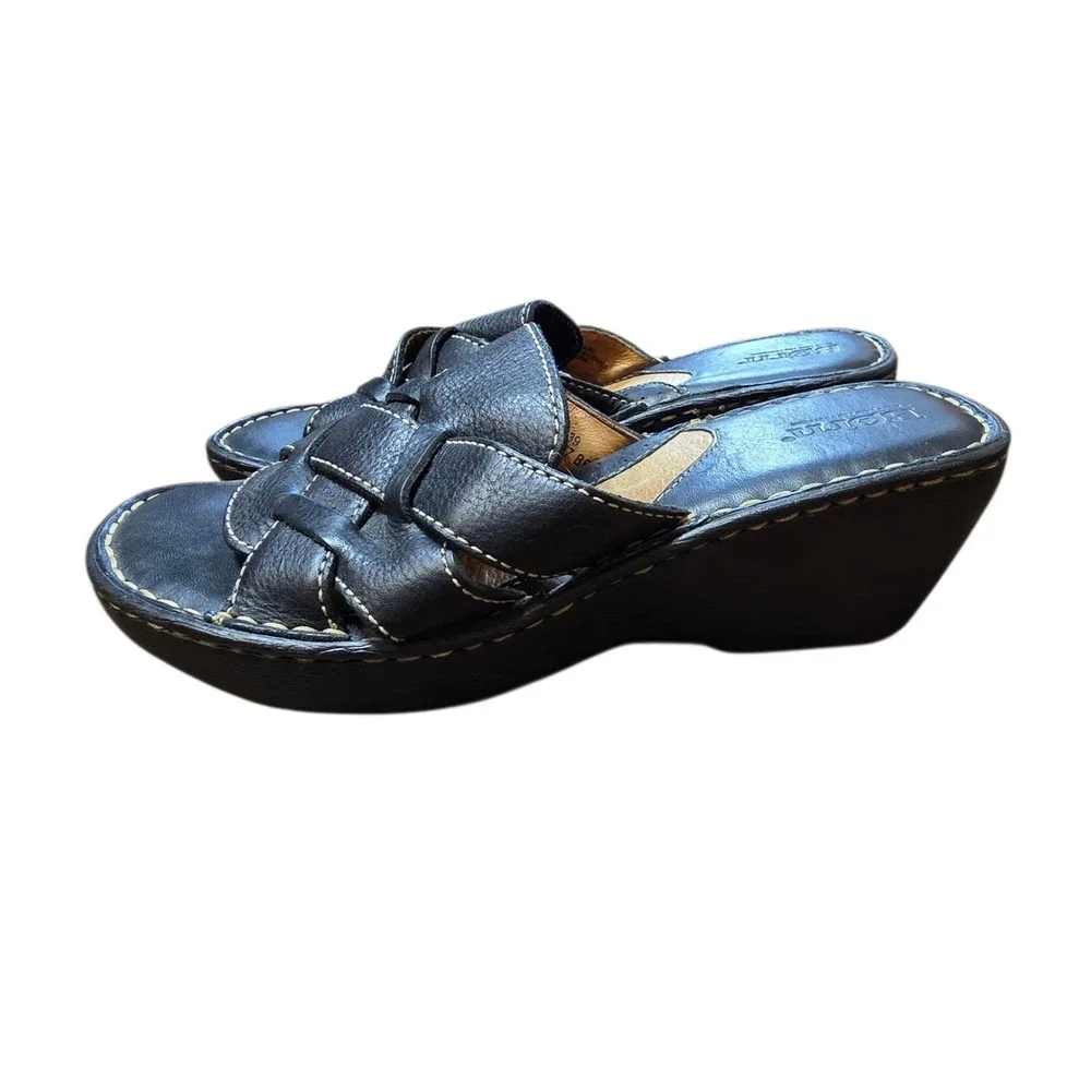 Born Black Leather Woven Wedge Sandals Slides Comfort‎ Shoes Women's Size 8 / 39